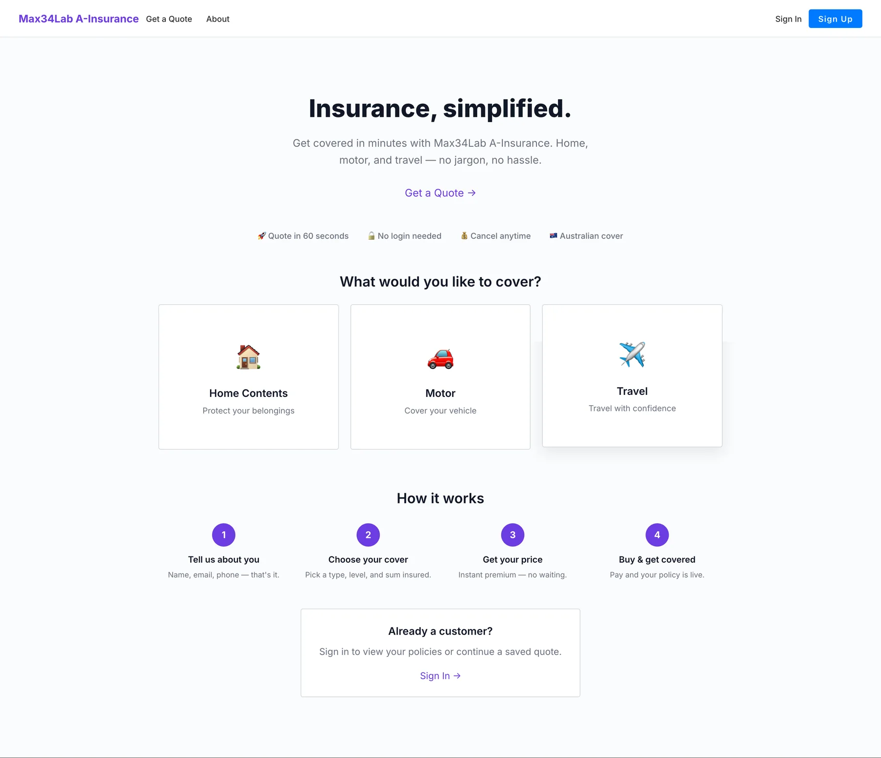 A-Insurance customer quote homepage