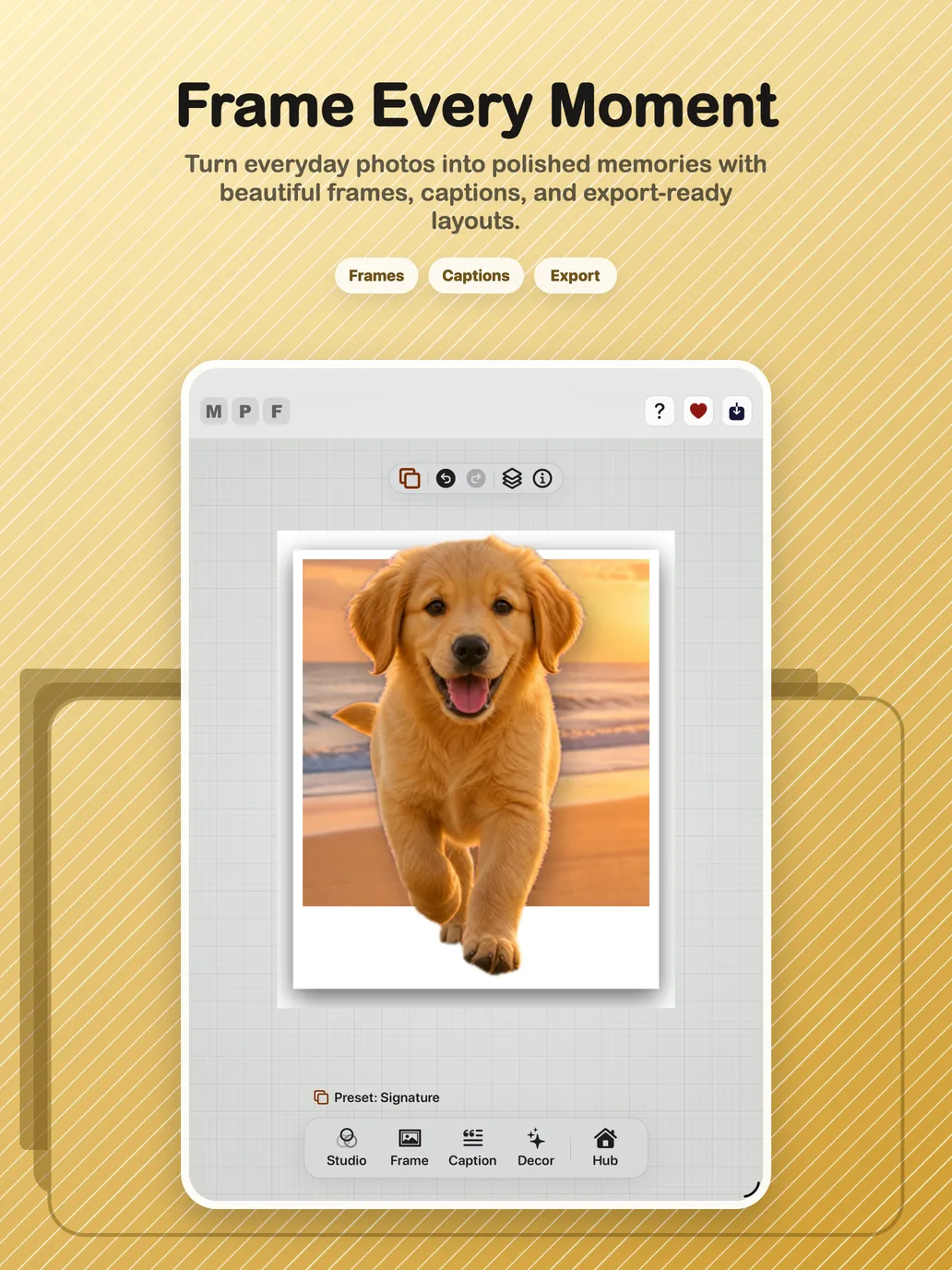 Max Photo Frames iPad promo showing a dog photo in a frame