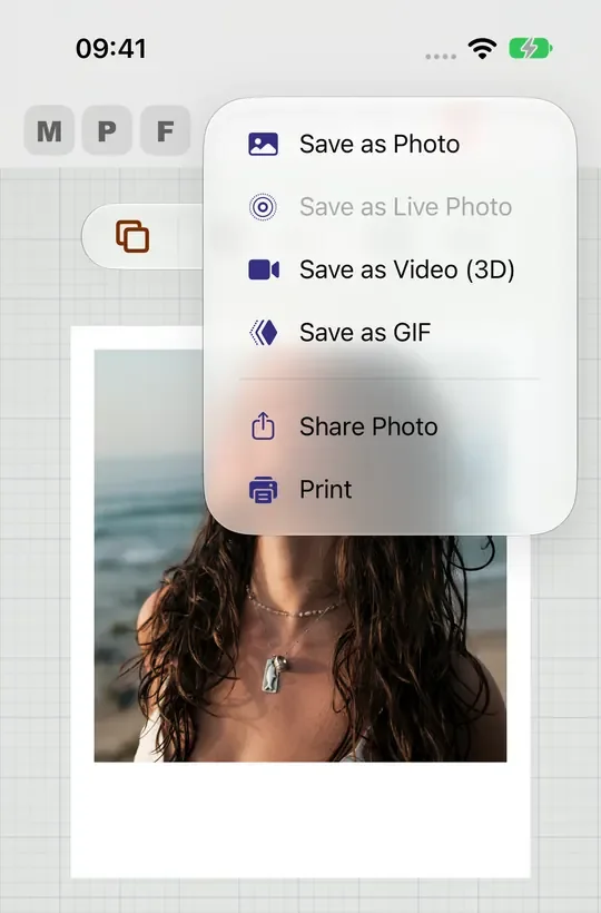 The Export menu open over a framed photo: Save as Photo, Save as Live Photo, Save as Video (3D), Save as GIF, Share Photo and Print