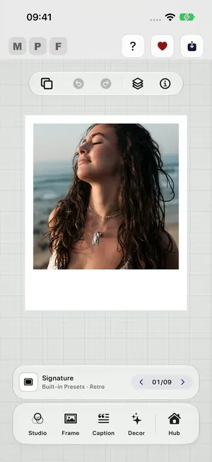 The editor with a photo in a white Retro frame, the preset strip reading Signature and the five tabs below