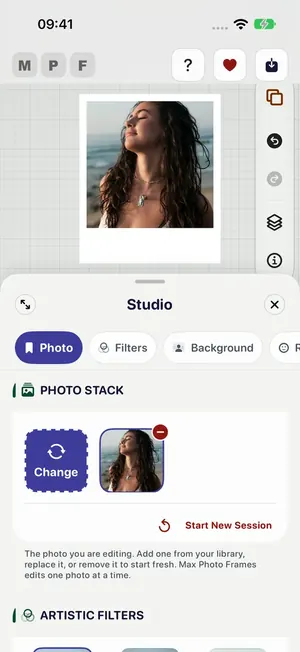The Studio menu on Photo, showing the photo stack with Change and Start New Session