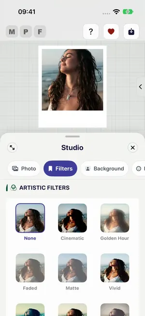 Studio Filters with None, Cinematic, Golden Hour, Faded, Matte and Vivid