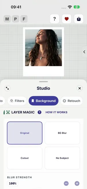 Studio Background showing Layer Magic with Original, BG Blur, Cutout and No Subject, and a Blur Strength control