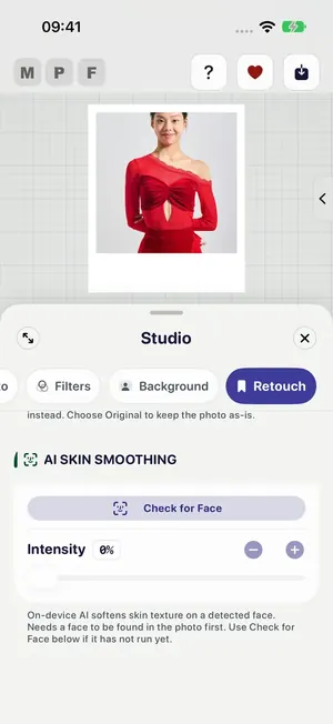 Studio Retouch showing AI Skin Smoothing with Check for Face and its Intensity control