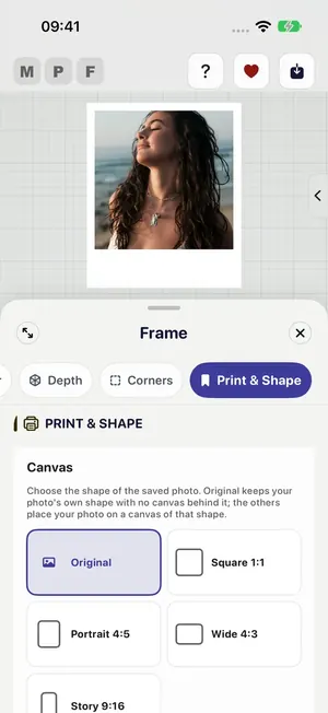 Frame Print and Shape with the Canvas choices Original, Square 1:1, Portrait 4:5, Wide 4:3 and Story 9:16
