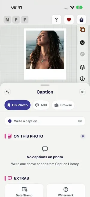 The Caption menu with a Write a caption field and an empty On This Photo list