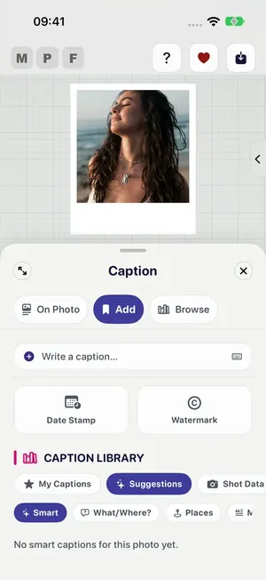 Caption Browse with My Captions, Suggestions, Shot Data, Smart, What or Where and Places