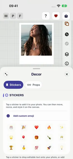 Decor Stickers with a grid of emoji and Add custom emoji