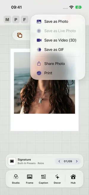 The Export menu with Save as Photo, Save as Live Photo, Save as Video (3D), Save as GIF, Share Photo and Print
