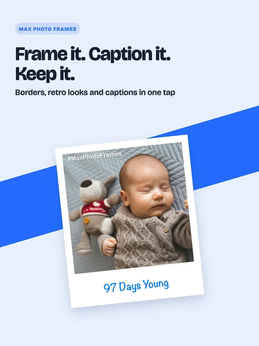 Max Photo Frames on iPad: a Retro frame and caption on a baby photo
